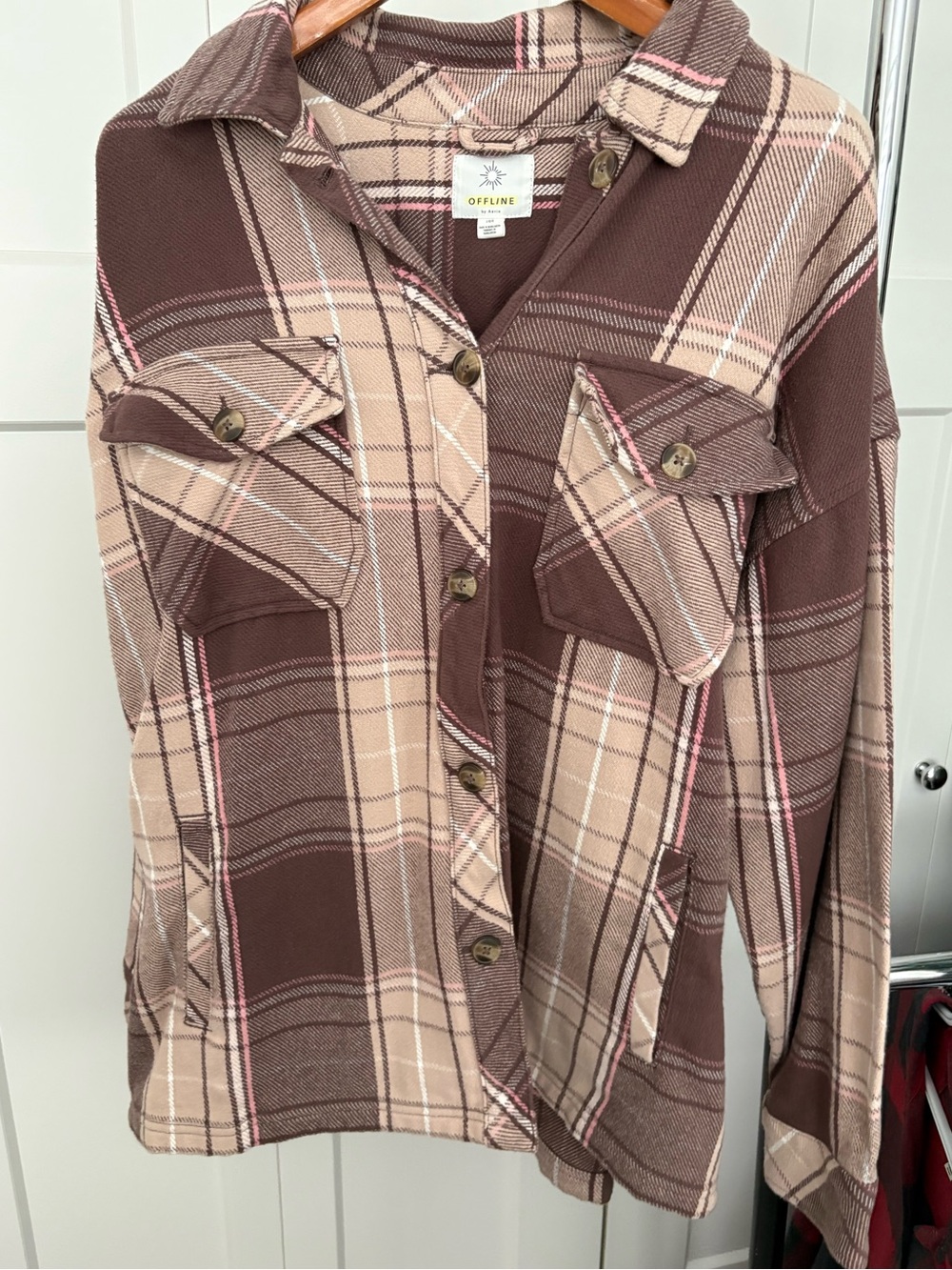 aerie Plaid Button-Front Utility Jacket in Brown and Beige
